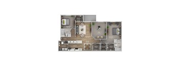 A floor plan of a house with a living room, dining room, kitchen, and three bedrooms.