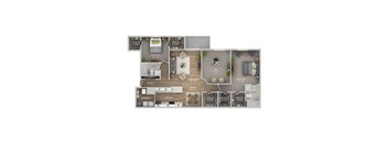 A floor plan of a house with a living room, two bedrooms, a bathroom, a kitchen, a foyer, and a laundry area.