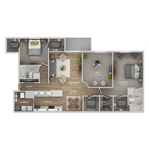 A floor plan of a house with a living room, two bedrooms, a bathroom, a kitchen, a foyer, and a laundry area.