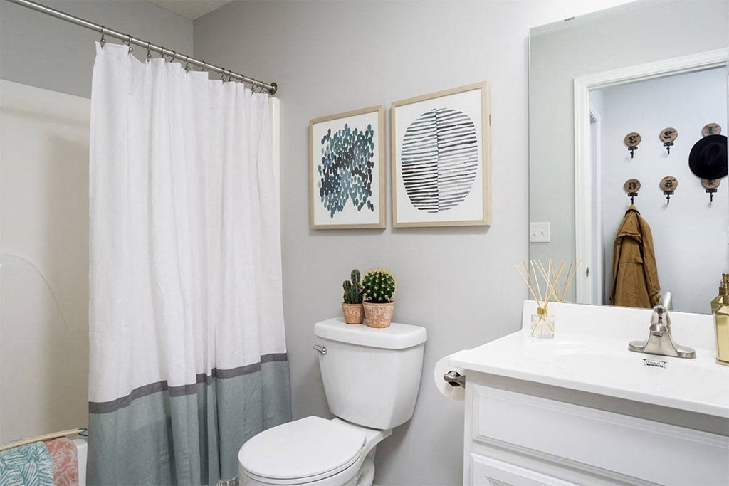 A bathroom with a white toilet, a white sink, and a shower curtain.