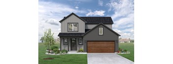 a home with a gray siding and a brown garage door