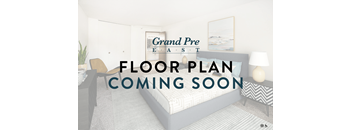 A bedroom with a bed, chair, and lamp, with a sign that says "Grand Pre East FLOOR PLAN COMING SOON".