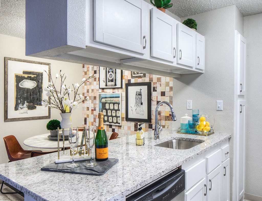 a kitchen with a counter top and a sink
