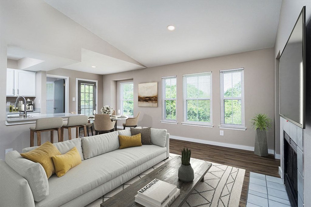 a living room with a couch and a table