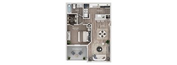 A floor plan of a small apartment with a living area, kitchen, bathroom, bedroom, and patio.