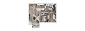 A floor plan of a one bedroom apartment with a living room, kitchen, bathroom, and balcony.