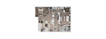 A floor plan of a small apartment with a living area, bedroom, kitchen, and bathroom.