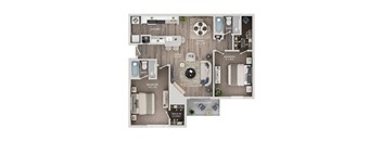 A floor plan of a home with a kitchen, dining room, living room, two bedrooms, bathrooms, and a patio.