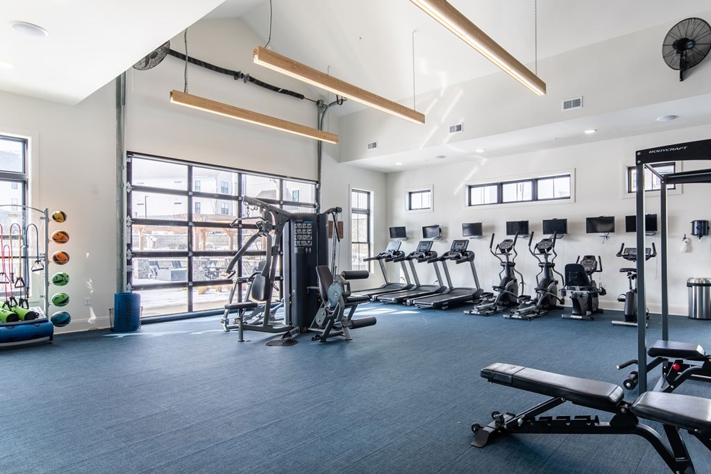 A gym with a variety of equipment including treadmills, weights, and exercise machines.