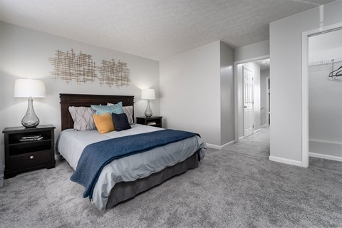 a bedroom with a bed and a closet