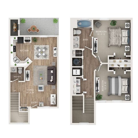 A floor plan of a two-bedroom apartment with a living room, kitchen, and bathroom.
