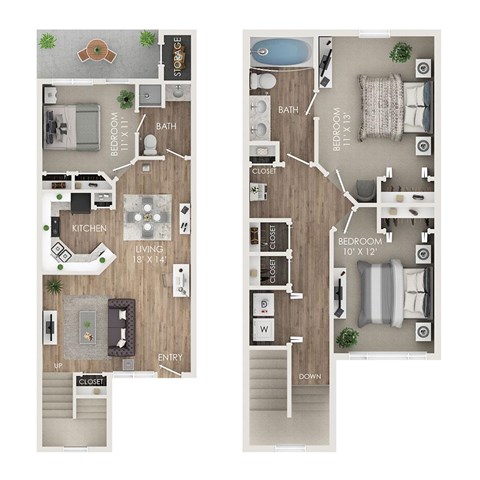 A floor plan of a two-bedroom apartment with a living room, kitchen, and bathroom.