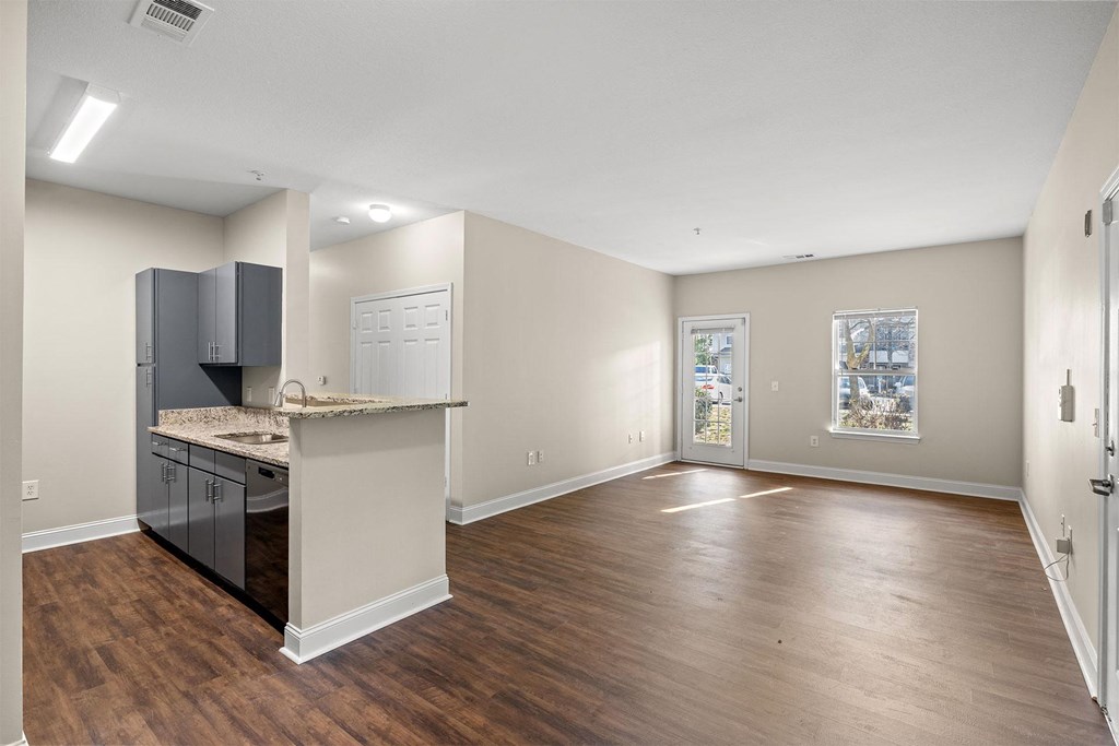 A kitchen area with a counter and cabinets.