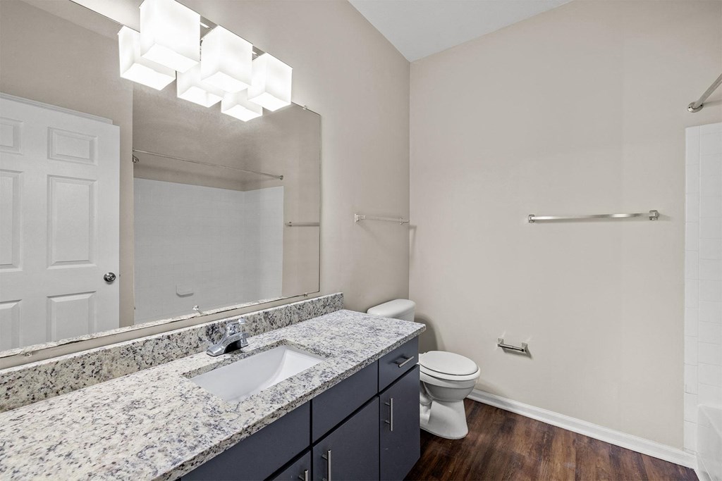 A bathroom with a marble countertop and a white toilet.