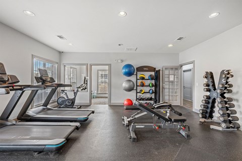 A spacious home gym with treadmills, exercise balls, and dumbbells.