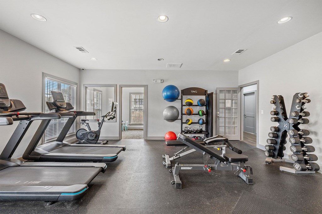 A spacious home gym with treadmills, exercise balls, and dumbbells.