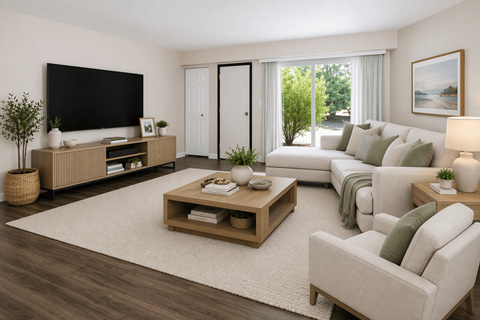 A living room with a white sofa, a wooden coffee table, and a flat-screen TV mounted on the wall.