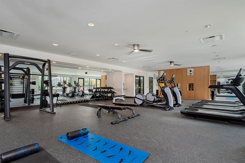 A gym with a variety of equipment including treadmills, weights, and exercise machines.
