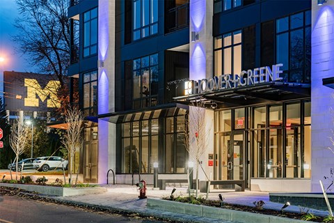 The exterior of a building with the name HOLLERGRENE on it.