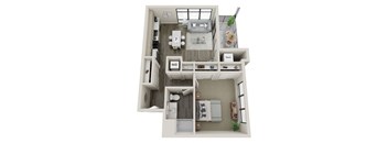 A floor plan of a small apartment with a kitchen, living room, and bedrooms.