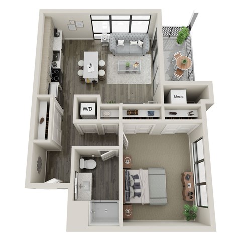 A floor plan of a small apartment with a kitchen, living room, and bedrooms.