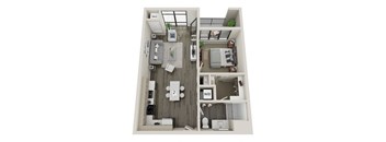 A top-down view of a small apartment with a kitchen, living room, and bathroom.