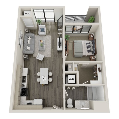 A top-down view of a small apartment with a kitchen, living room, and bathroom.