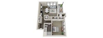 A floor plan of a small apartment with a kitchen, living room, and bedrooms.