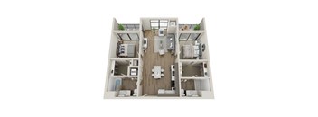 A top-down view of a small apartment with a kitchen, living room, and two bedrooms.