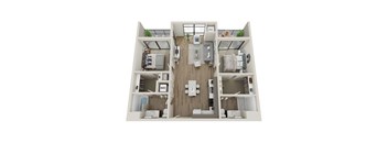 A top-down view of a small apartment with a kitchen, living room, and two bedrooms.