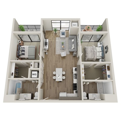 A top-down view of a small apartment with a kitchen, living room, and two bedrooms.