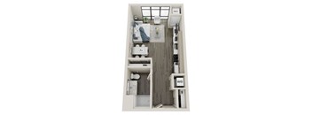 A top-down view of a small apartment with a bedroom, bathroom, and kitchen area.
