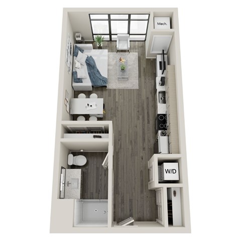 A top-down view of a small apartment with a bedroom, bathroom, and kitchen area.