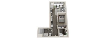 A floor plan of a home with a living room, kitchen, and bathroom.