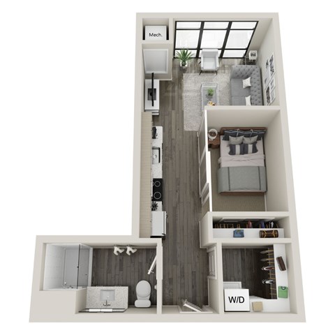 A floor plan of a home with a living room, kitchen, and bathroom.