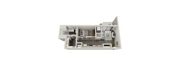 A 3D floor plan of a small apartment with a kitchen, living room, and bathroom.