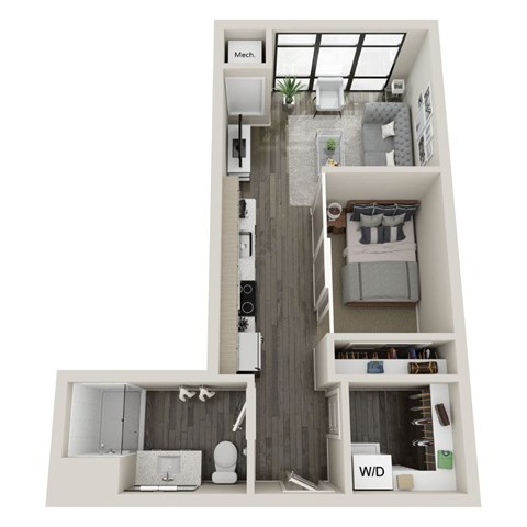 A floor plan of a home with a living room, kitchen, and bathroom.