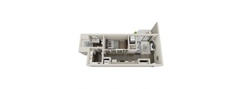 A 3D floor plan of a small apartment with a kitchen, living room, and bathroom.