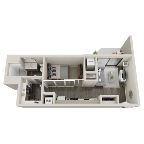 A 3D floor plan of a small apartment with a kitchen, living room, and bathroom.