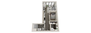 A floor plan of a home with a living room, kitchen, and bathroom.