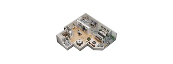 the isometric view of the house with the bedrooms and living room