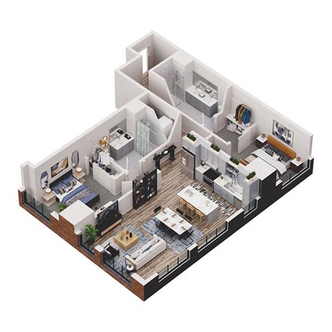 a 3d floor plan of a house with a bedroom and living room