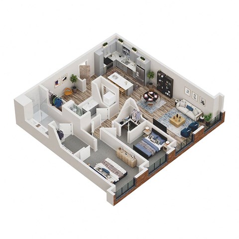 a 3d floor plan of a house with bedrooms and a living room