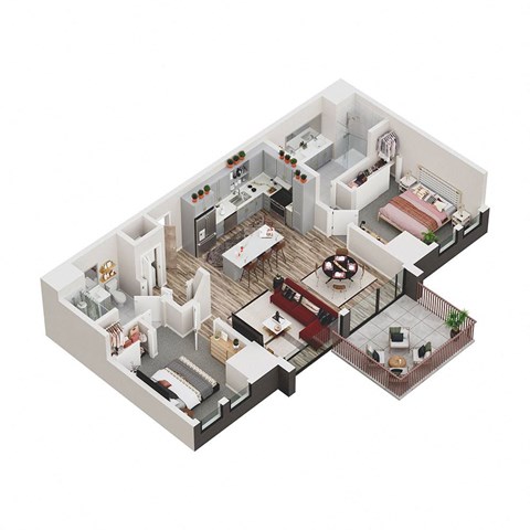 a 3d floor plan of a house with bedrooms and a living room