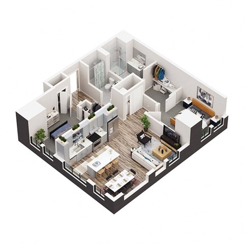 a 3d floor plan of a house with a bedroom and living room