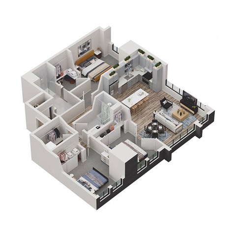 a 3d floor plan of a house with bedrooms and a living room