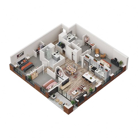 a 3d floor plan of a house with bedrooms and a living room