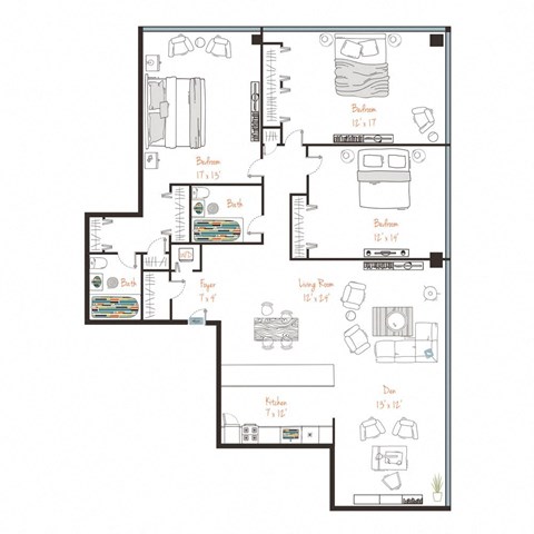 a floor plan of a house with bedrooms and a living room