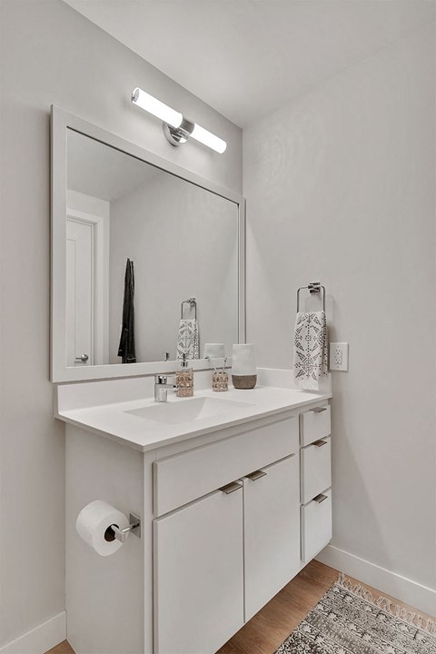 A bathroom with a white sink and a mirror above it.