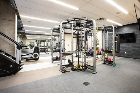 A gym with a variety of equipment including treadmills, weights, and exercise machines.